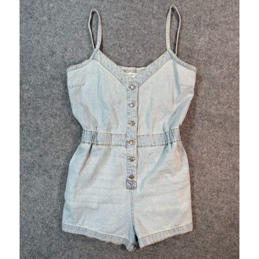 Celebrity Pink Womens Light Wash Denim Romper Button‎ Front Sleeveless Blue M